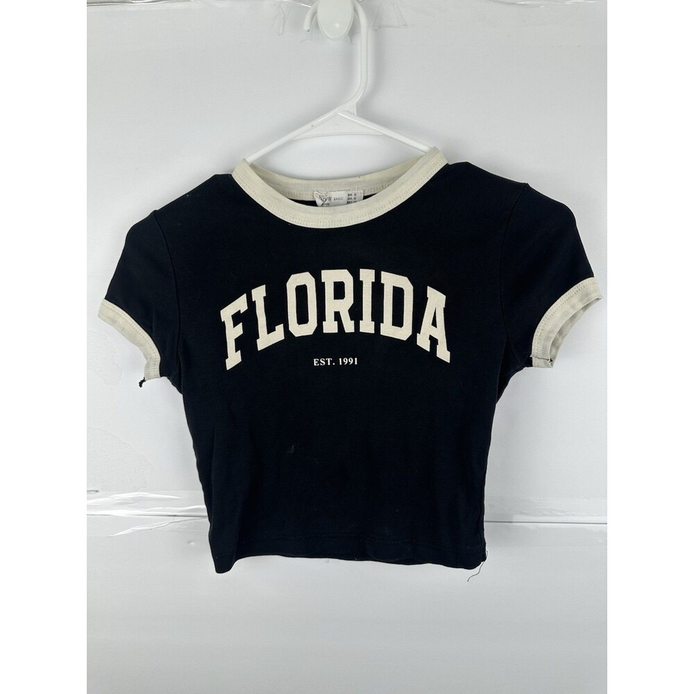 Florida Est 1991 Ringer T-Shirt Womens M Black Cream Cropped Graphic Tee